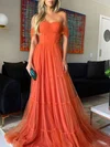 A-line Off-the-shoulder Tulle Sweep Train Prom Dresses With Ruffles #UKM020113244
