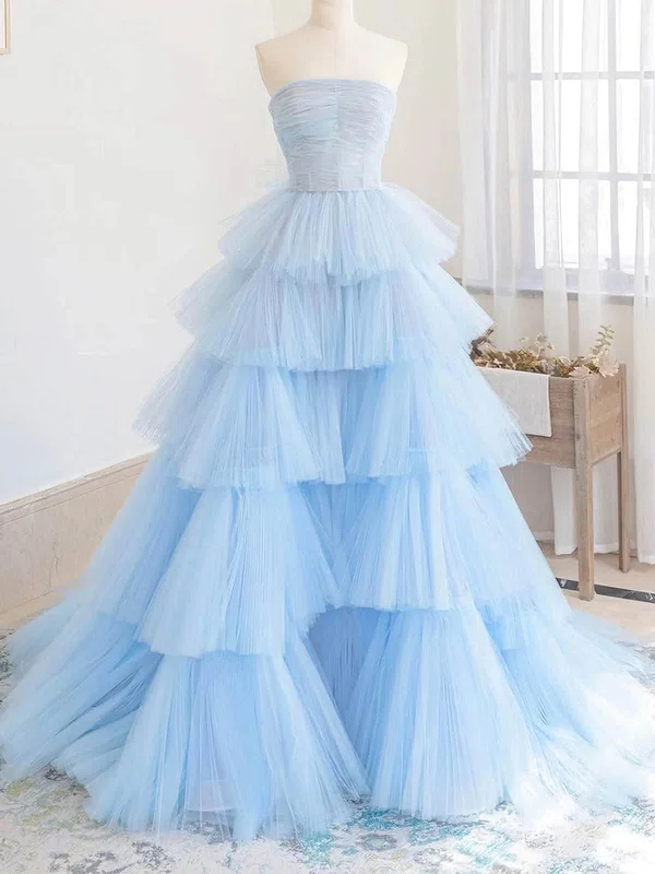 Princess Strapless Tulle Sweep Train Prom Dresses With Tiered #UKM020113245