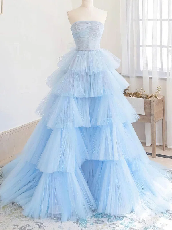 Ball Gown Strapless Tulle Ruffle Tiered Prom Dresses #UKM020113245