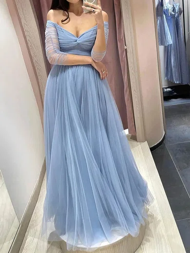 A-line Off-the-shoulder Tulle Floor-length Prom Dresses With Ruffles #UKM020113246