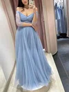 A-line Off-the-shoulder Tulle Floor-length Prom Dresses With Ruffles #UKM020113246