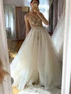 Princess V-neck Tulle Sweep Train Prom Dresses With Flower(s) #UKM020113249