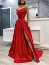 A-line Scoop Neck Satin Sweep Train Prom Dresses With Split Front #UKM020113250