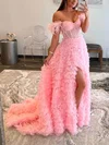 Ball Gown/Princess Sweep Train Off-the-shoulder Lace Tulle Beading Prom Dresses #UKM020113254