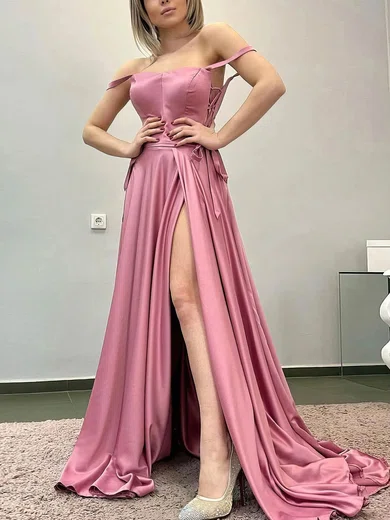 A-line Off-the-shoulder Silk-like Satin Sweep Train Prom Dresses With Split Front #UKM020113256