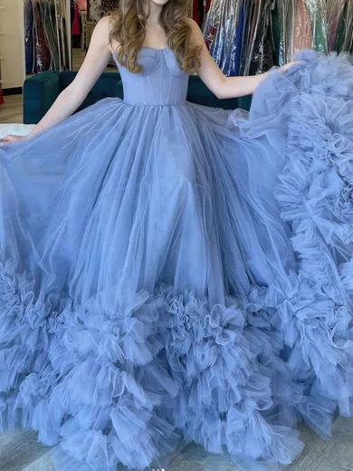 Ball Gown Strapless Tulle Ruffle Tiered Prom Dresses #UKM020113257