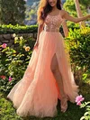 Princess V-neck Tulle Glitter Sweep Train Prom Dresses With Split Front #UKM020113258