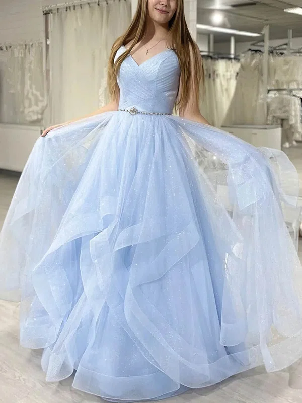 Ball Gown/Princess Floor-length V-neck Glitter Sashes / Ribbons Prom Dresses #UKM020113260