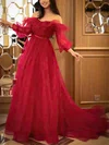 A-line Off-the-shoulder Tulle Sweep Train Prom Dresses With Sashes / Ribbons #UKM020113266
