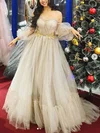 Princess Sweetheart Tulle Sweep Train Prom Dresses With Appliques Lace #UKM020113267