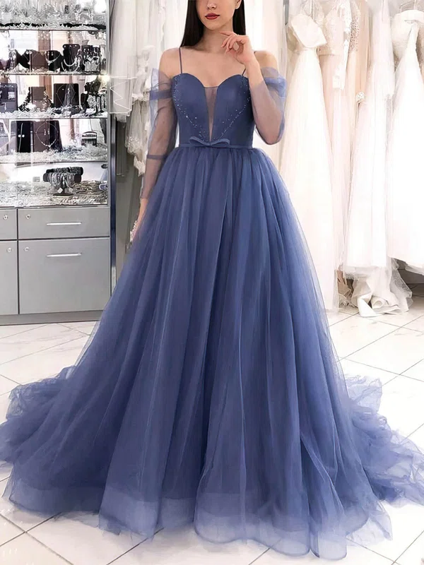 Princess Sweetheart Tulle Sweep Train Prom Dresses With Sashes / Ribbons #UKM020113270