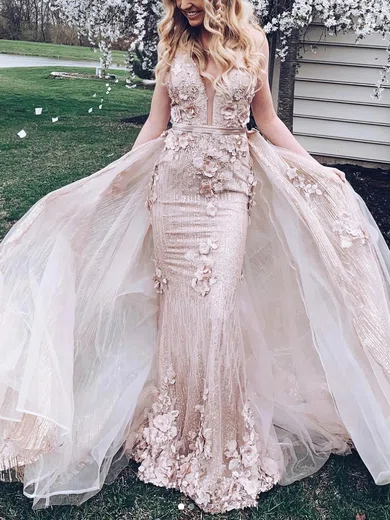 Sheath/Column V-neck Tulle Detachable Prom Dresses With Sashes / Ribbons #UKM020113272
