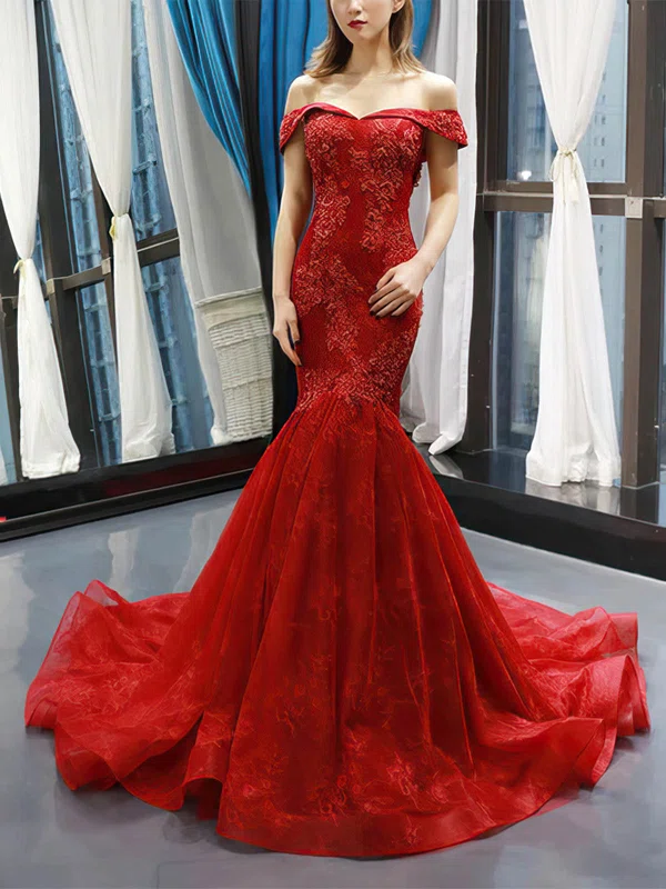 Trumpet/Mermaid Off-the-shoulder Lace Sweep Train Prom Dresses With Appliques Lace #UKM020113274