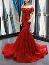 Trumpet/Mermaid Off-the-shoulder Lace Sweep Train Prom Dresses With Appliques Lace #UKM020113274