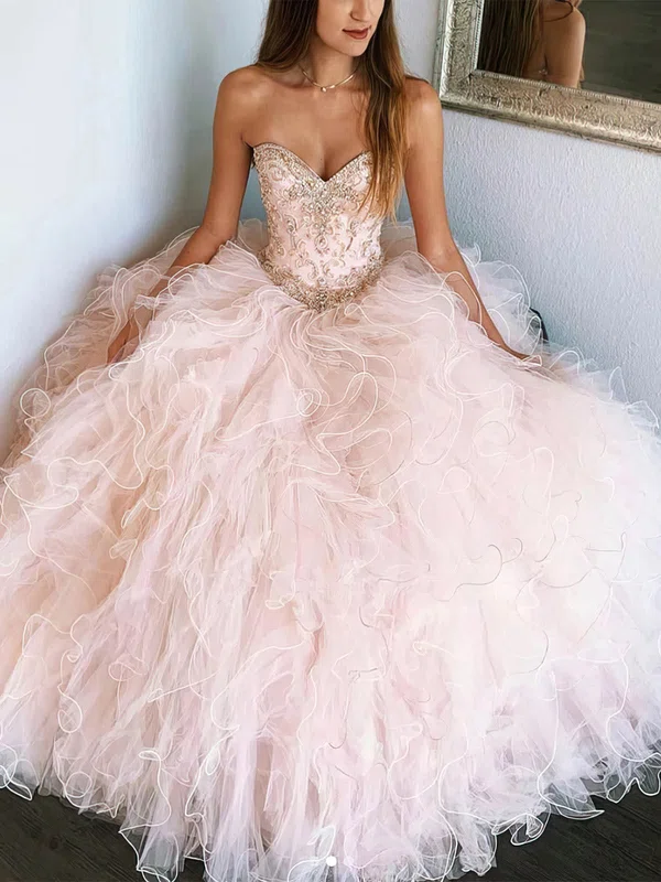 Ball Gown Sweetheart Tulle Floor-length Prom Dresses With Beading #UKM020113275