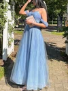 A-line Off-the-shoulder Tulle Glitter Floor-length Prom Dresses With Ruffles #UKM020113280