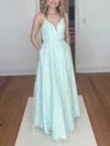 A-line V-neck Lace Floor-length Prom Dresses With Pockets #UKM020113285