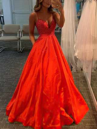 Ball Gown V-neck Satin Floor-length Pockets Prom Dresses | MillyBridal