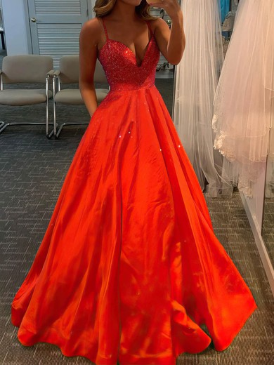 Ball Gown/Princess Floor-length V-neck Satin Beading Prom Dresses #UKM020113286