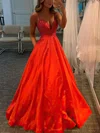 Princess V-neck Satin Floor-length Prom Dresses With Pockets #UKM020113286