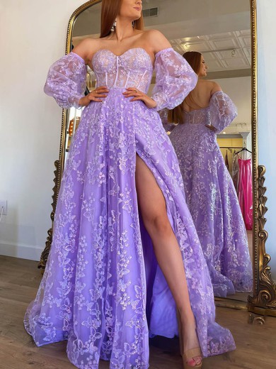 Ball Gown/Princess Sweep Train Sweetheart Lace Appliques Lace Prom Dresses #UKM020113288