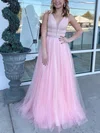 A-line V-neck Tulle Floor-length Prom Dresses With Sequins #UKM020113292