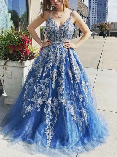 Ball Gown V-neck Tulle Floor-length Prom Dresses With Beading #UKM020113302
