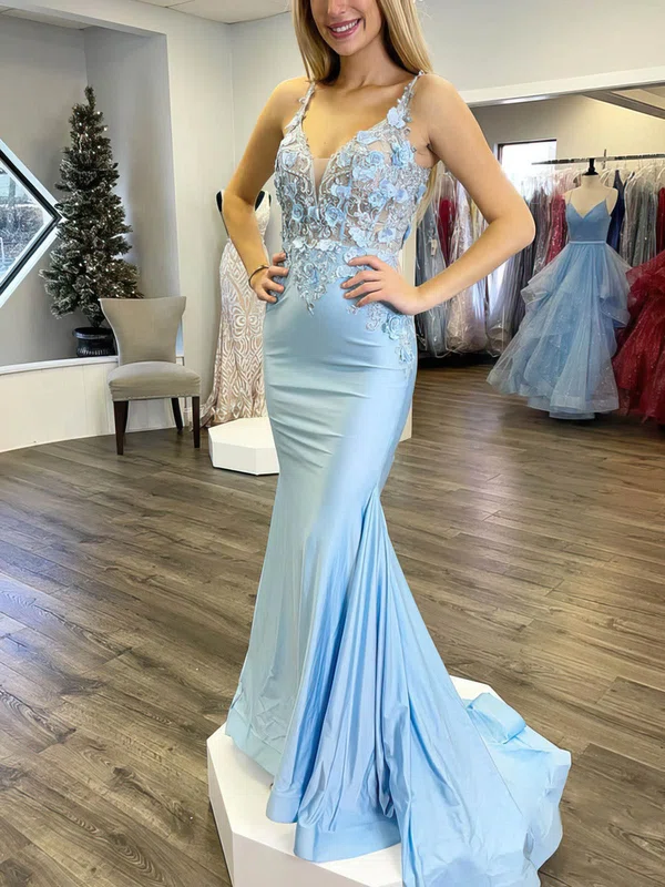 Trumpet/Mermaid V-neck Jersey Sweep Train Prom Dresses With Appliques Lace #UKM020113310