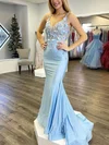 Trumpet/Mermaid V-neck Jersey Sweep Train Prom Dresses With Appliques Lace #UKM020113310