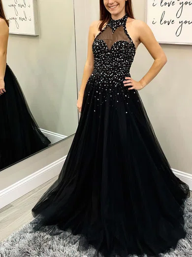 A-line Halter Tulle Floor-length Prom Dresses With Beading #UKM020113312