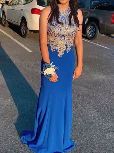 Sheath/Column Scoop Neck Stretch Crepe Floor-length Prom Dresses With Appliques Lace #UKM020113322