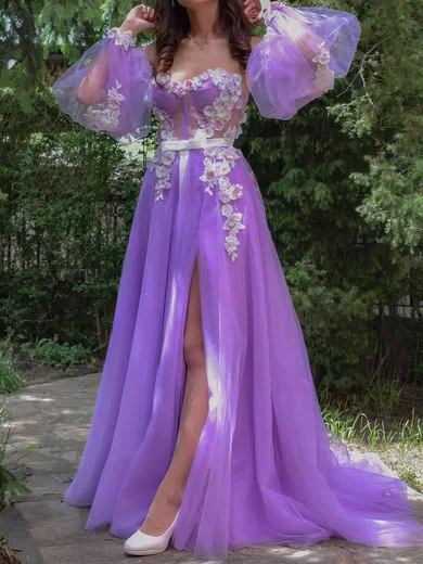 Ball Gown Off-the-shoulder Tulle 3D Floral Prom Dresses With Puff Sleeve #UKM020113326