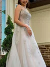 A-line Strapless Tulle Floor-length Prom Dresses With Appliques Lace #UKM020113328