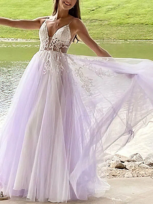 A-line V-neck Tulle Floor-length Prom Dresses With Appliques Lace #UKM020113330