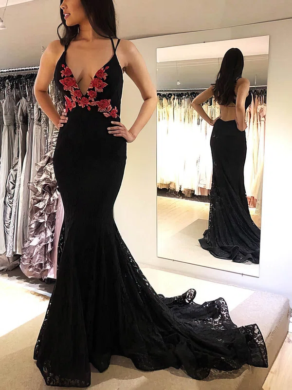 Trumpet/Mermaid V-neck Lace Sweep Train Prom Dresses With Appliques Lace #UKM020113331