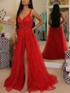 A-line V-neck Tulle Sweep Train Prom Dresses With Split Front #UKM020113333