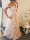 A-line Off-the-shoulder Tulle Floor-length Prom Dresses With Appliques Lace #UKM020113344