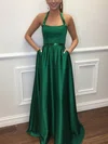 A-line Halter Satin Floor-length Prom Dresses With Pockets #UKM020113345