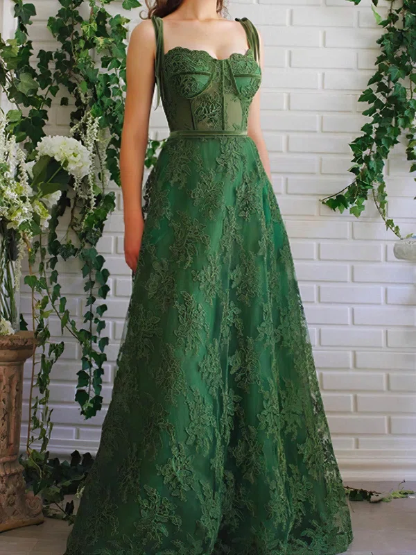 A-line Sweetheart Lace Floor-length Prom Dresses With Appliques Lace #UKM020113354