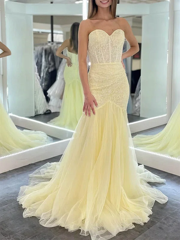 Trumpet/Mermaid Sweetheart Lace Tulle Sweep Train Prom Dresses With Appliques Lace #UKM020113357