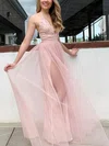 A-line V-neck Lace Tulle Floor-length Prom Dresses With Split Front #UKM020113362
