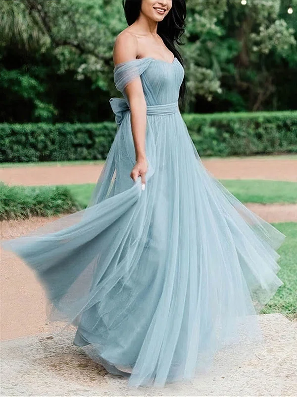 A-line Off-the-shoulder Tulle Floor-length Prom Dresses With Sashes / Ribbons #UKM020113363