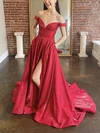 A-line Off-the-shoulder Satin Sweep Train Prom Dresses With Split Front #UKM020113365