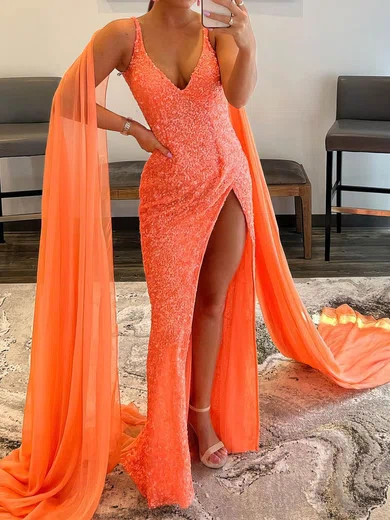 Sheath/Column V-neck Sparkly Sequin Chiffon Prom Dresses #UKM020113374