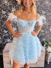 A-line Off-the-shoulder Lace Tulle Short/Mini Short Prom Dresses With Feathers / Fur #UKM020113381