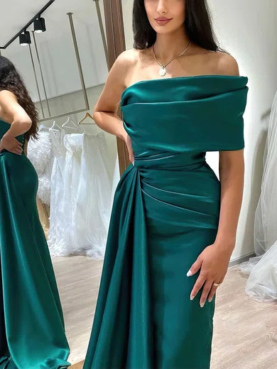 Sheath/Column One Shoulder Satin Sweep Train Prom Dresses With Split Front #UKM020113385