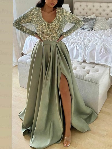 A-line V-neck Satin Sequined Sweep Train Prom Dresses With Split Front #UKM020113386
