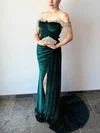 Sheath/Column Off-the-shoulder Velvet Sweep Train Prom Dresses With Split Front #UKM020113388