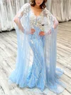 Trumpet/Mermaid V-neck Tulle Floor-length Prom Dresses With Appliques Lace #UKM020113389