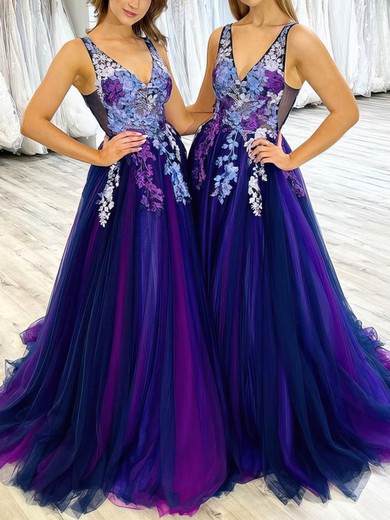Ball Gown/Princess Floor-length V-neck Tulle Appliques Lace Prom Dresses #UKM020113390